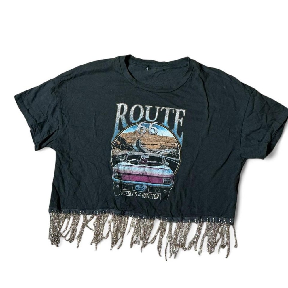 Cropped Route 66 T Shirt Women Rhinestone Fringe Black Graphic Tee Grunge